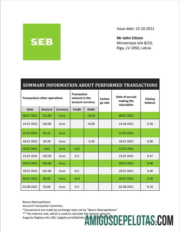 modelo de extrato bancário SEB da Letônia em branco em formato Word e PDF